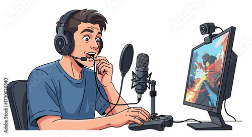 Man with headset plays video game on computer using microphone and keyboard.
