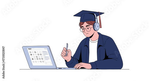 Student wearing graduation cap works on laptop white background.