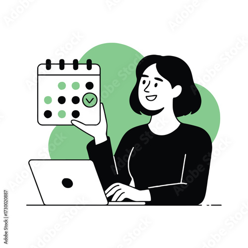 Vector art of a woman holding a calendar with a completed task, a symbol of achievement, productivity, and time management