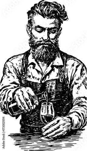 Man with beard pouring a drink into a glass. Vintage vector illustration of a professional bartender at work.