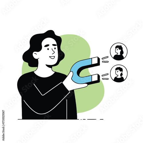 Vector art of a woman is using a magnet to attract new customers, she is smiling and confident in her marketing strategy