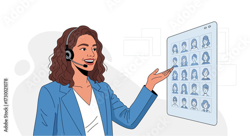 Woman with headset presents online meeting participants on a digital screen.