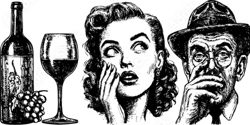 Vintage illustration of a girl whispering beside a wine bottle and glass. This classic set captures a dramatic scene filled with intrigue and elegance, vector style.