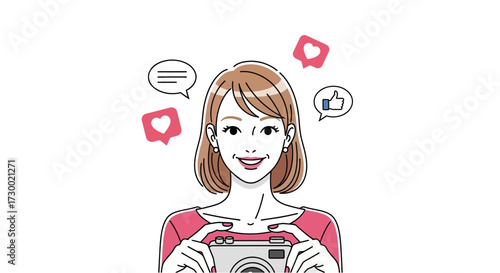 Woman holding camera with social media icons floating around on a white background.