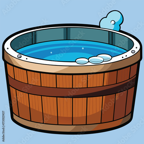 Wooden Hot Tub Filled with Blue Water and Floating Stones Keywords: hot tub, wooden tub, bathtub, spa