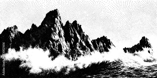 Black and white mountain and ocean landscape vector illustration. Dramatic waves crashing against graphic cliffs in a monochrome design.
