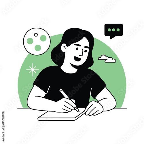 Vector art of creative woman writing in a notebook, expressing ideas, and finding inspiration under the moonlight