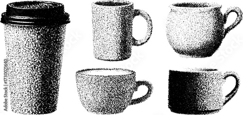 Cups and mugs set in minimalist style. Black and white vector illustration showcasing various drink containers for home or cafe settings.