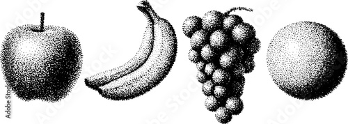 Vector illustration of fruits in a set: apple, banana, grapes, and orange. Features a simple, colorful design isolated on a white background.
