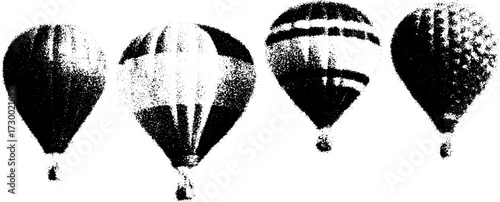 Vector illustration of colorful hot air balloons in various patterns. Simple design for thematic graphics or outdoor adventure set.