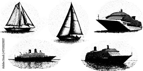Vintage boats and ships in a black and white vector illustration set. This showcases various vessel designs in a simple, classic style.