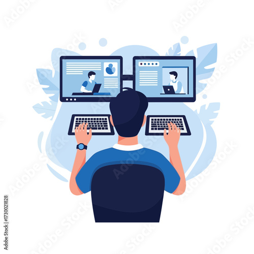 Person sits at desk with two monitors working or video conferencing.