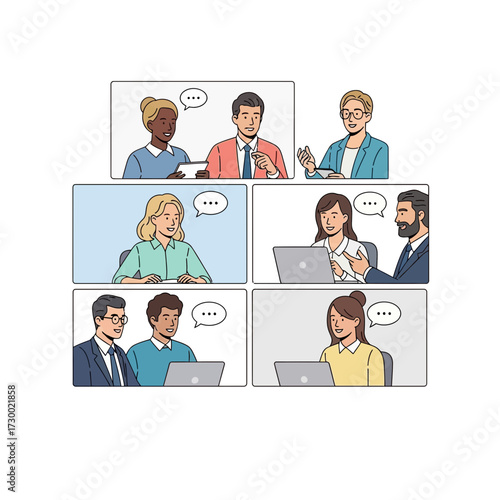 People in video conference call using laptops and computers in a grid.