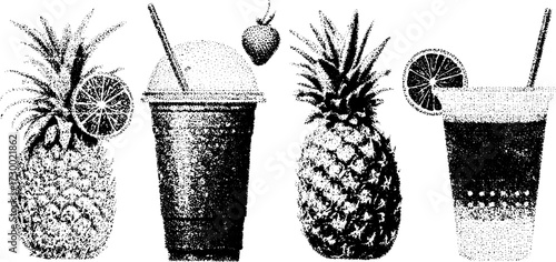 Pineapple and drinks illustration set. Colorful, simple vector design featuring smoothies and cocktails, ideal for summer themes.