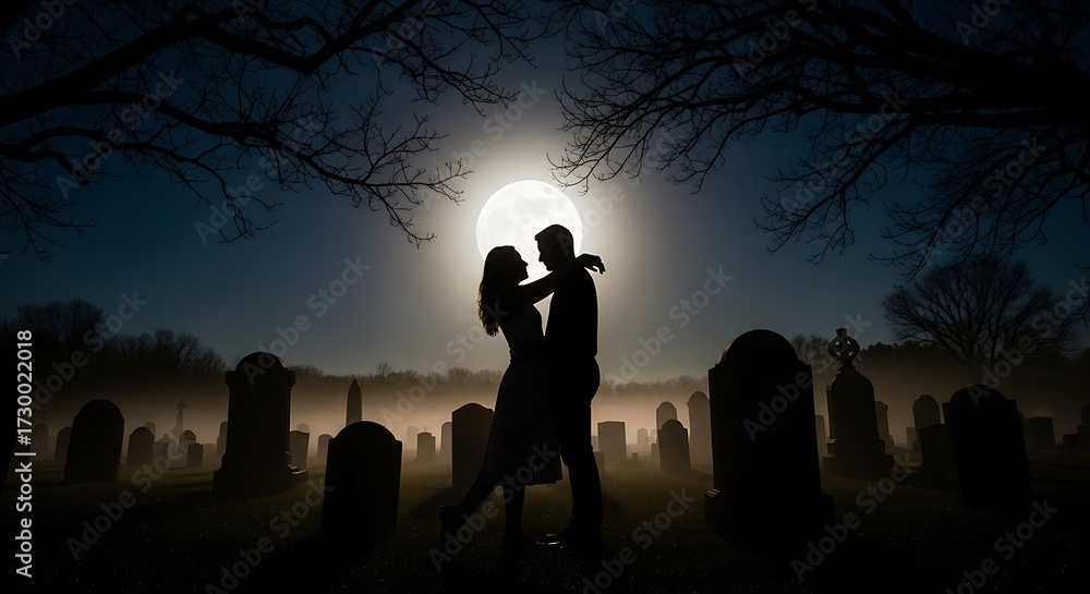 Fototapeta premium Romantic Silhouette Dance in Cemetery Moonlight.