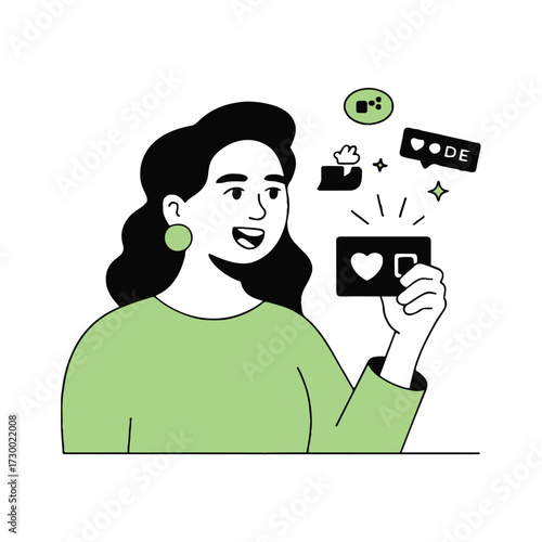 Vector art of a woman holds a card with a heart symbol, surrounded by social media icons, she is smiling and looking at the card
