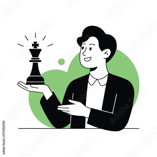 Vector art of a man in a suit holds a chess king piece, symbolizing strategy and leadership, he is pointing at the chess piece with his other hand
