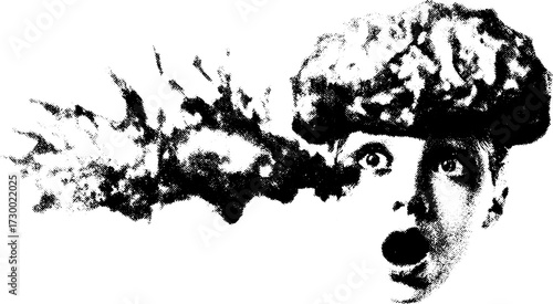 Child's surprised face with flowing brain imagery. Black and white vintage vector illustration featuring bold artistic details.