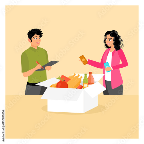 Donate food to people concept. A group of people actively volunteer.