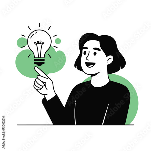 Vector art of a woman has a bright idea, pointing to a light bulb that represents innovation and creativity, she is smiling and happy
