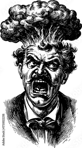 Angry man with screaming expression in vintage style. Black and white vector illustration featuring a dramatic cloud symbolizing outburst.