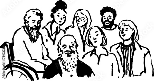 Group of people in a sketched style. Black and white vector illustration depicting connection and community in a simple set design.