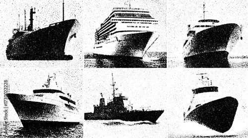 A set of ships, including cruise vessels and yachts, displayed in various angles. This collection features sleek marine designs in a black and white vector illustration.