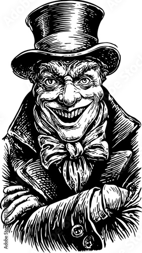 Vintage man with a smile and top hat. A detailed caricature vector illustration, emphasizing style and humor in a classic design.