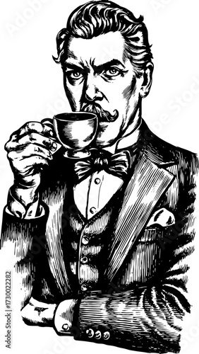 Vintage man holding a coffee cup. Elegant black and white vector illustration showcasing traditional style in a classic suit and bowtie.