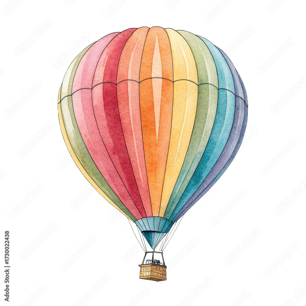 Fototapeta premium Colorful hot air balloon with basket isolated on transparent background