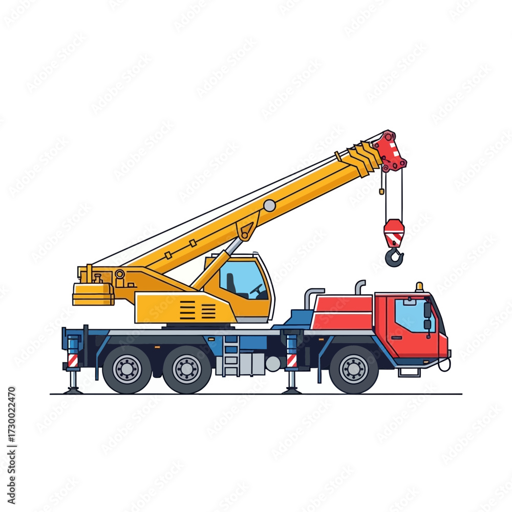 Naklejka premium Yellow crane truck with red cab on white background vector illustration.
