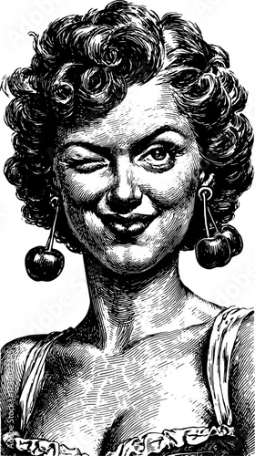 Vintage illustration of a girl with curly hair and cherries. A confident wink captures a stylish look in black and white vector art.