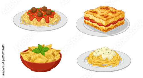 Delicious Italian Pasta Dishes Vector Icons Spaghetti, Penne, Lasagna, and Fettuccine