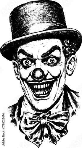 Clown face with a big smile and bowtie. Vintage black and white vector illustration featuring cartoonish details and expressive eyes in a classic style set.