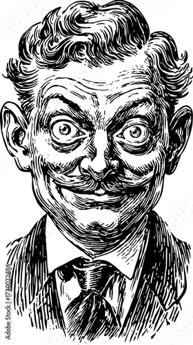 Vintage cartoon character vector illustration in black and white. Humorous male face with a smile, wearing a suit and tie. Simple graphic set.