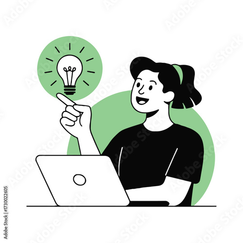 Vector art of a woman is working on a laptop and has a bright idea, pointing to a light bulb that represents innovation