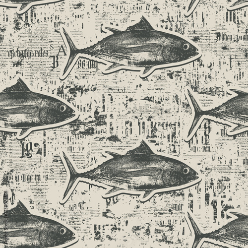 Vector seamless pattern with tuna on the background of magazine page, newspaper with elements of text, font. Print, fabric, textile. Wallpaper, wrapping paper, tile, t-shirt design. No AI.