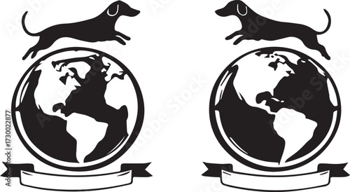 Black and white globe and dachshund vector with leaping dog silhouette and blank ribbon banner for text