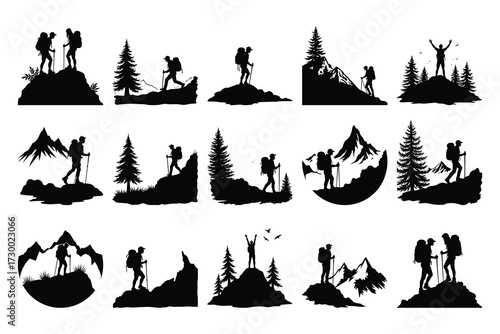 Black silhouette hikers on mountain peaks and trees