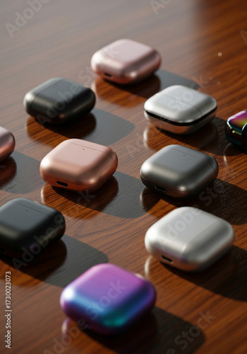 Φωτογραφία A collection of colorful wireless earbud charging cases arranged on a wooden sur