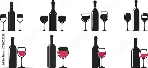 Silhouette of Event Planning. A simple graphic design featuring wine bottles and glasses in black silhouettes against a white background.