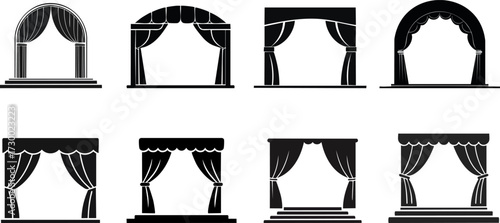 Silhouette of Event Planning. A collection of stylized black silhouettes of theater curtains and stages, showcasing various designs and shapes for artistic use.
