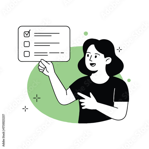 Vector art of a woman holding a checklist with a checkmark, this illustration represents task completion and verification