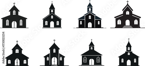 Silhouette of Event Planning. A series of stylized church silhouettes, featuring various architectural designs and crosses, presented in a black-and-white format.