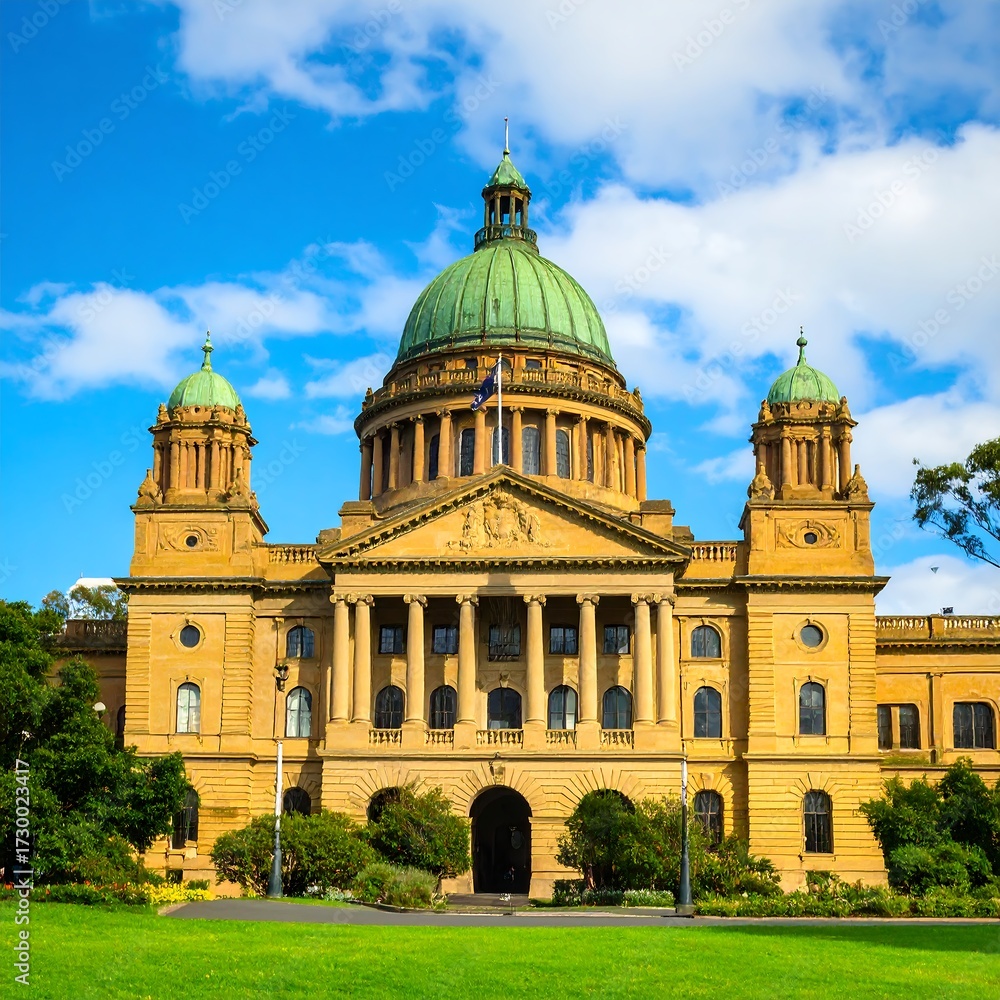 Obraz premium A grand, sandstone government building with a green dome, flanked by smaller domes, sits on manicured lawns under a bright sky