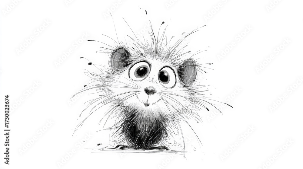 Obraz premium Frazzled Nervous Mouse Cartoon in Black and White Ink Drawing. Generative AI