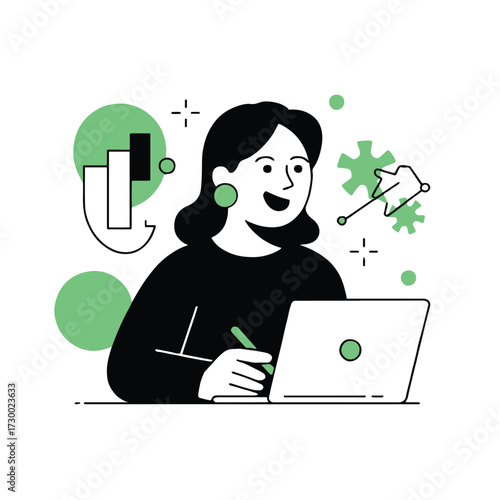 Vector art of a cheerful woman is working on her laptop, surrounded by digital elements, she is smiling and focused on her task