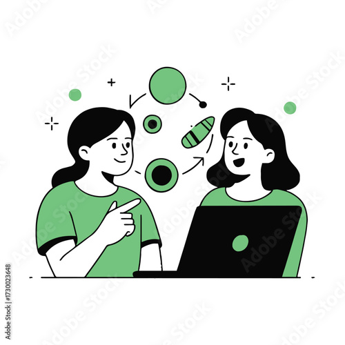Vector art of two women are discussing a project on a laptop they are smiling and looking at each other, sharing ideas