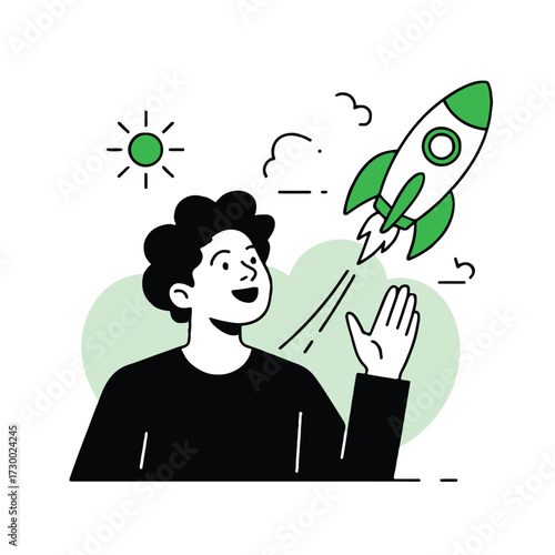 Vector art of a man looking at a rocket taking off, symbolizing startup, innovation, and ambition represents growth and future success
