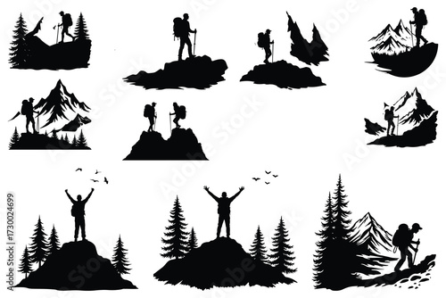 Black silhouettes of hikers on mountain peaks and trees